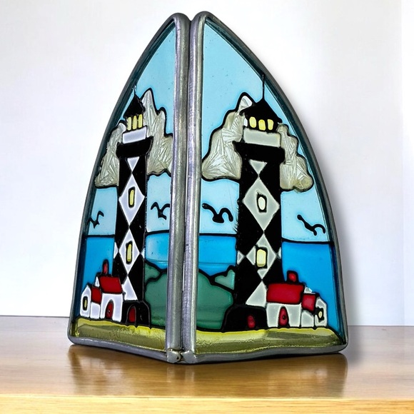 Lighthouse Stained Glass Candle Holder Vintage Painted Glass Art Piece - Picture 16 of 16